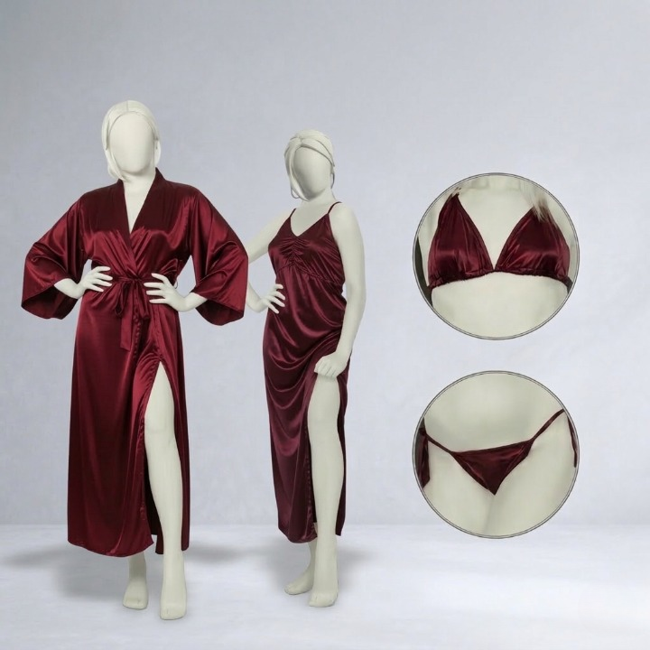 Burgundy Silk Satin 4-Piece Lingerie & Nightwear Set for Women – Luxury Soft Satin Sleepwear, Free Size Sku R005B (black)