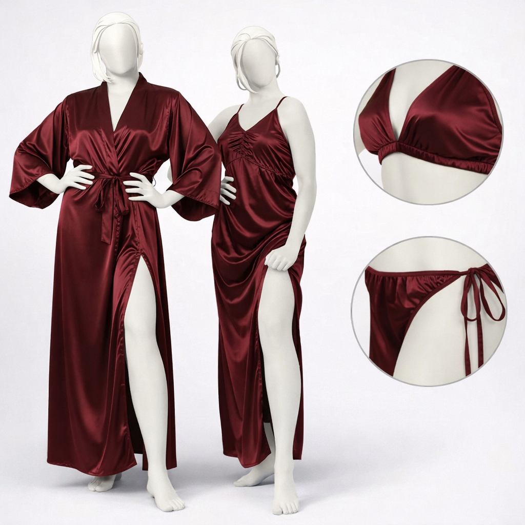 Burgundy Silk Satin 4-Piece Lingerie & Nightwear Set for Women – Luxury Soft Satin Sleepwear, Free Size Sku R005B (black)