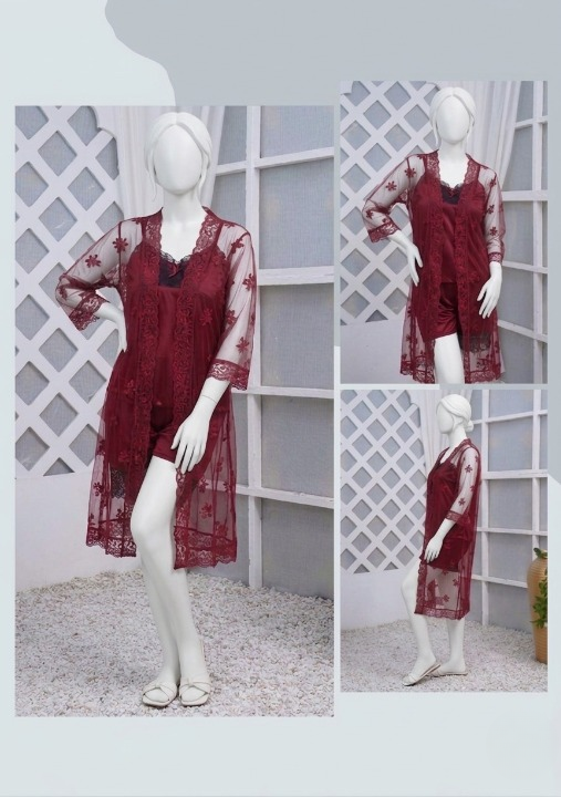 3 Pcs Luxurious Silk & Net Black Lace Women's Sleepwear Set Top Short & Gown Nightwear (Free Size Color Black)