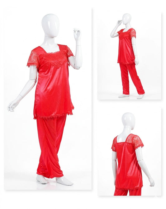 2 Pcs Premium Silk Lace Women's Sleepwear Set T-Shirt & Trouser Nightwear (Free Size Color Red)