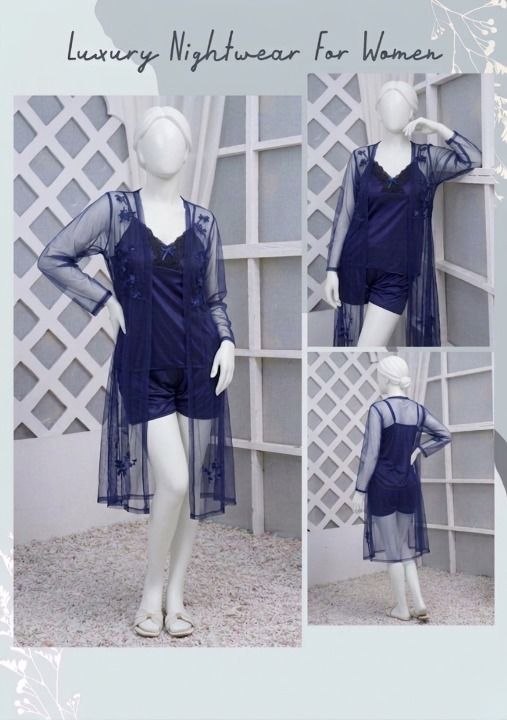 3 Pcs Luxurious Silk & Net Black Lace Women's Sleepwear Set Top Short & Gown Nightwear (Free Size Color Black)